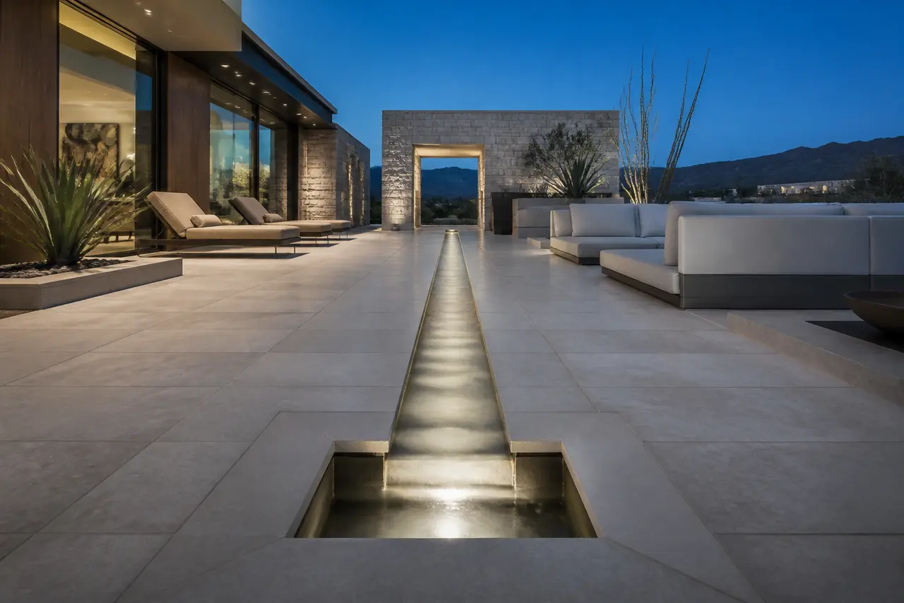 Rill Channel & Runnel — Linear architectural water channel cutting through patio. by AE Outdoor Living