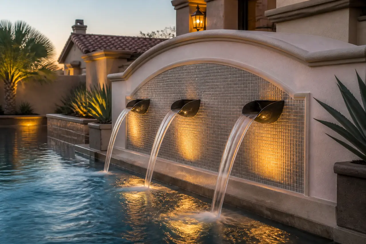 Scupper Wall Trio — Three matching spillway scuppers in a clean stucco wall. by AE Outdoor Living