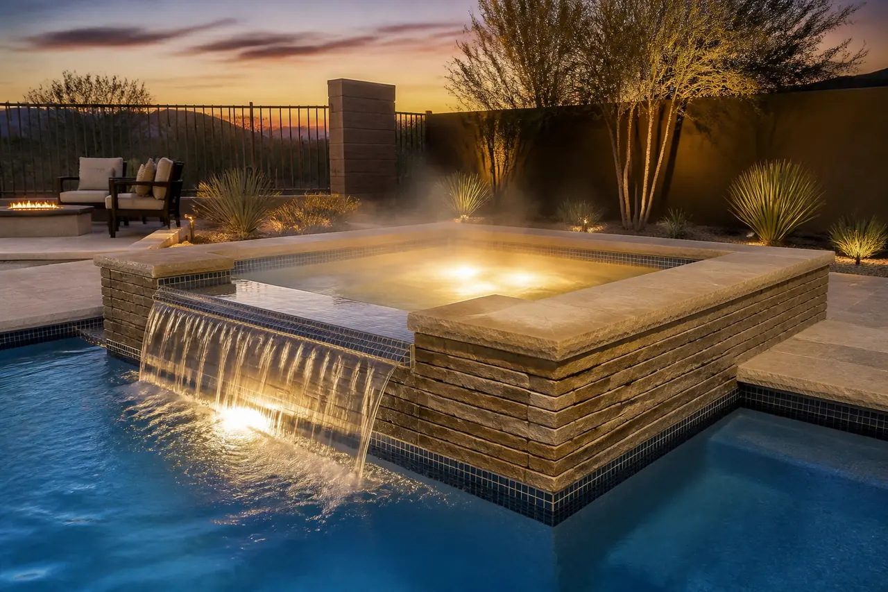 Raised Spa Spillover — Classic raised spa with wide sheet spillover into pool. by AE Outdoor Living