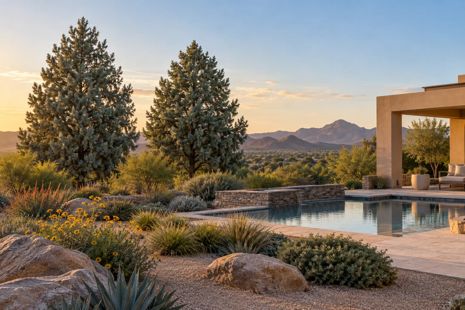 AE Outdoor Living AI-assisted landscape visualization of mature Arizona Cypress trees on a spacious Phoenix estate; design context, not documentary botanical evidence or a completed client project.