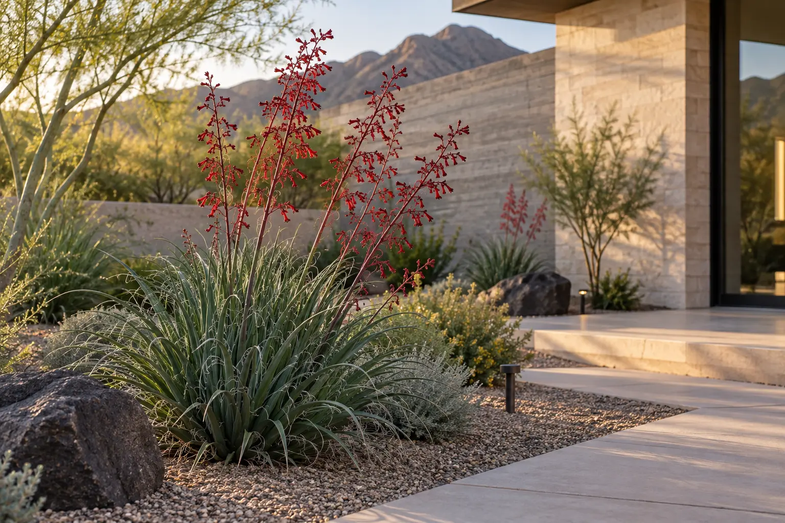 AE Outdoor Living AI-generated Arizona design visualization of an established Brakelights®-style crimson Hesperaloe planting in a premium Phoenix courtyard; not cultivar proof, exact scale or completed work.