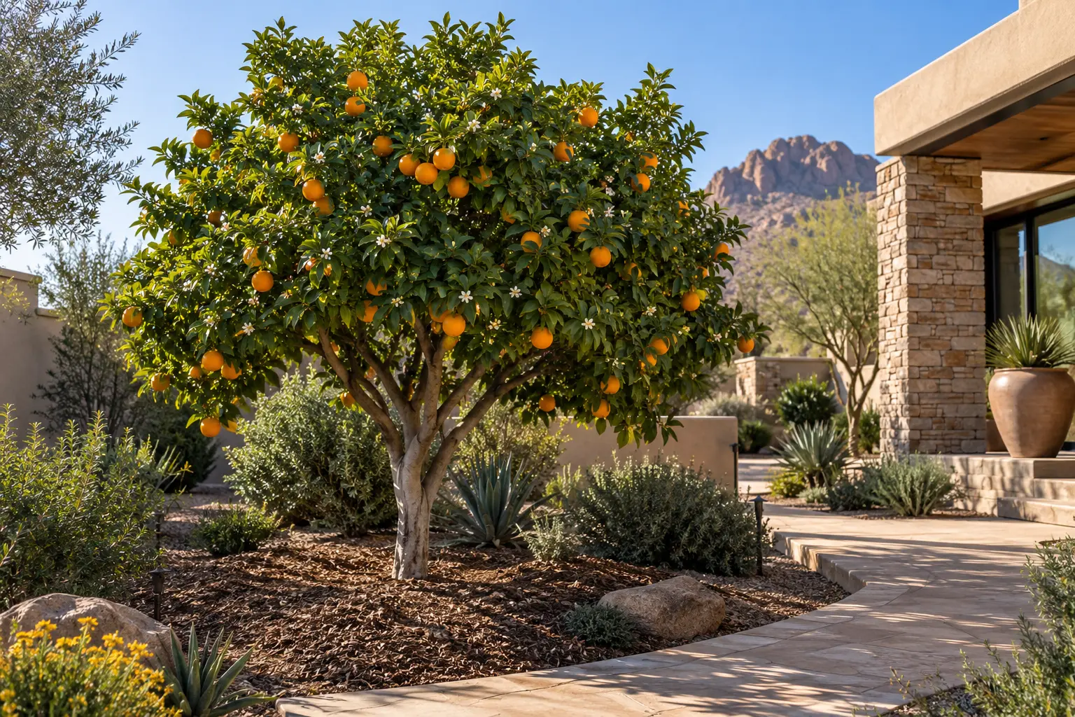 AE Outdoor Living AI-assisted landscape visualization of a sweet-orange tree in a Phoenix edible garden; design inspiration, not a universal Citrus specimen, documentary evidence or completed client project.