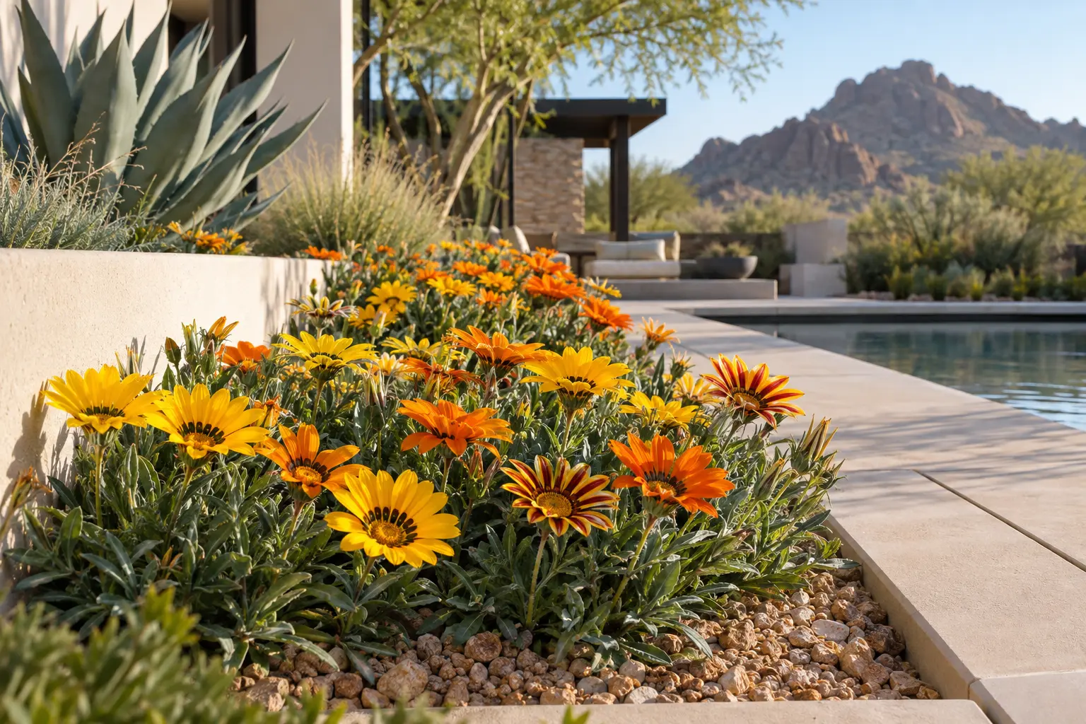 AE Outdoor Living AI-assisted landscape visualization of a gazania color border beside a Phoenix pool deck in a desert planting concept; not documentary botanical evidence or a completed client project.