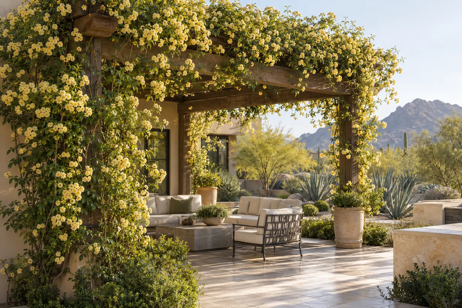 AE Outdoor Living AI-assisted landscape visualization of Lady Banks' Rose trained over a robust Phoenix pergola in a desert courtyard concept; not documentary botanical evidence or a completed client project.
