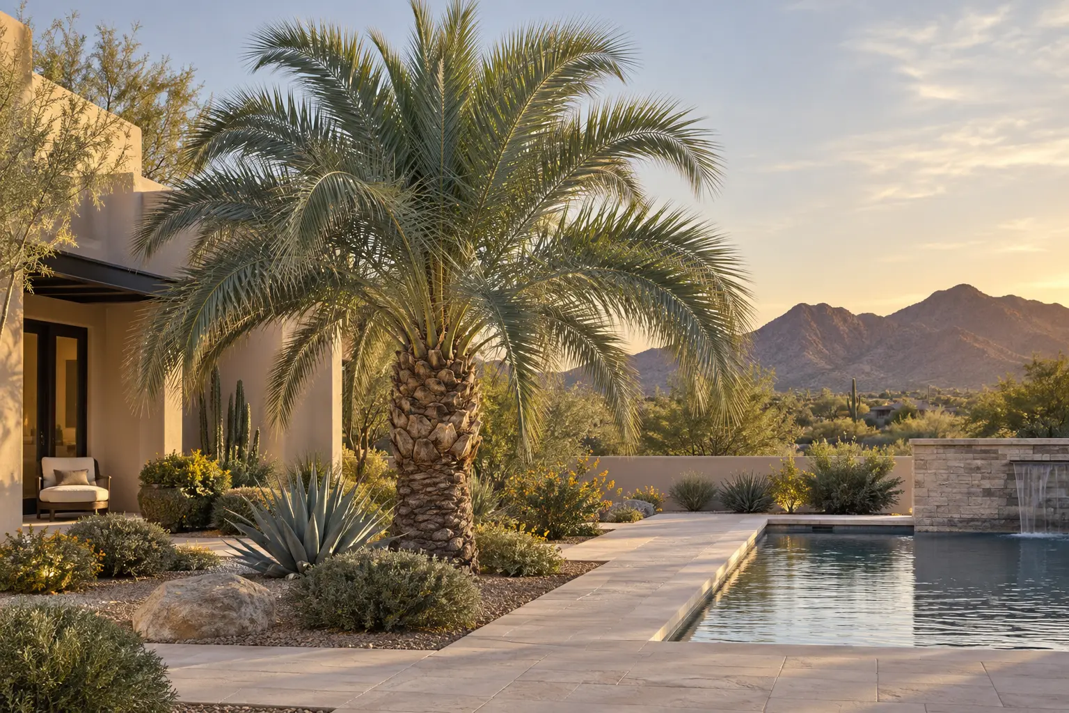AE Outdoor Living AI-assisted landscape visualization of a Pindo Palm in a Phoenix pool garden; design visualization, not documentary botanical evidence or a completed client project.