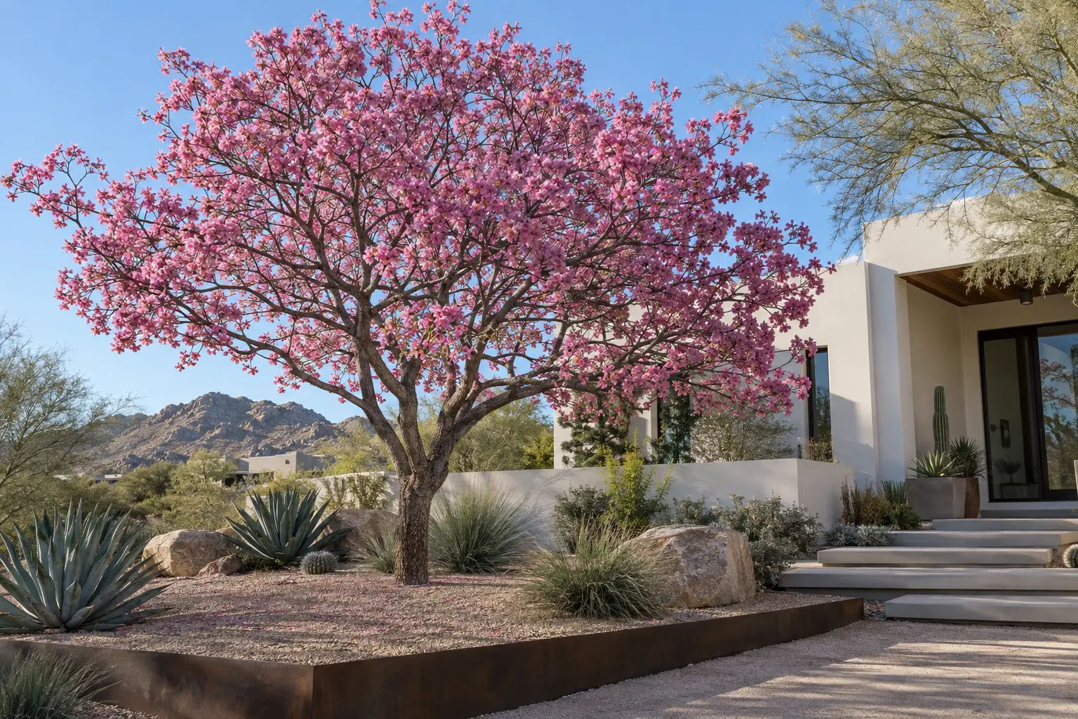 AE Outdoor Living AI-assisted landscape visualization of a Pink Trumpet Tree in a Phoenix front yard; design inspiration, not documentary botanical evidence or a completed client project.