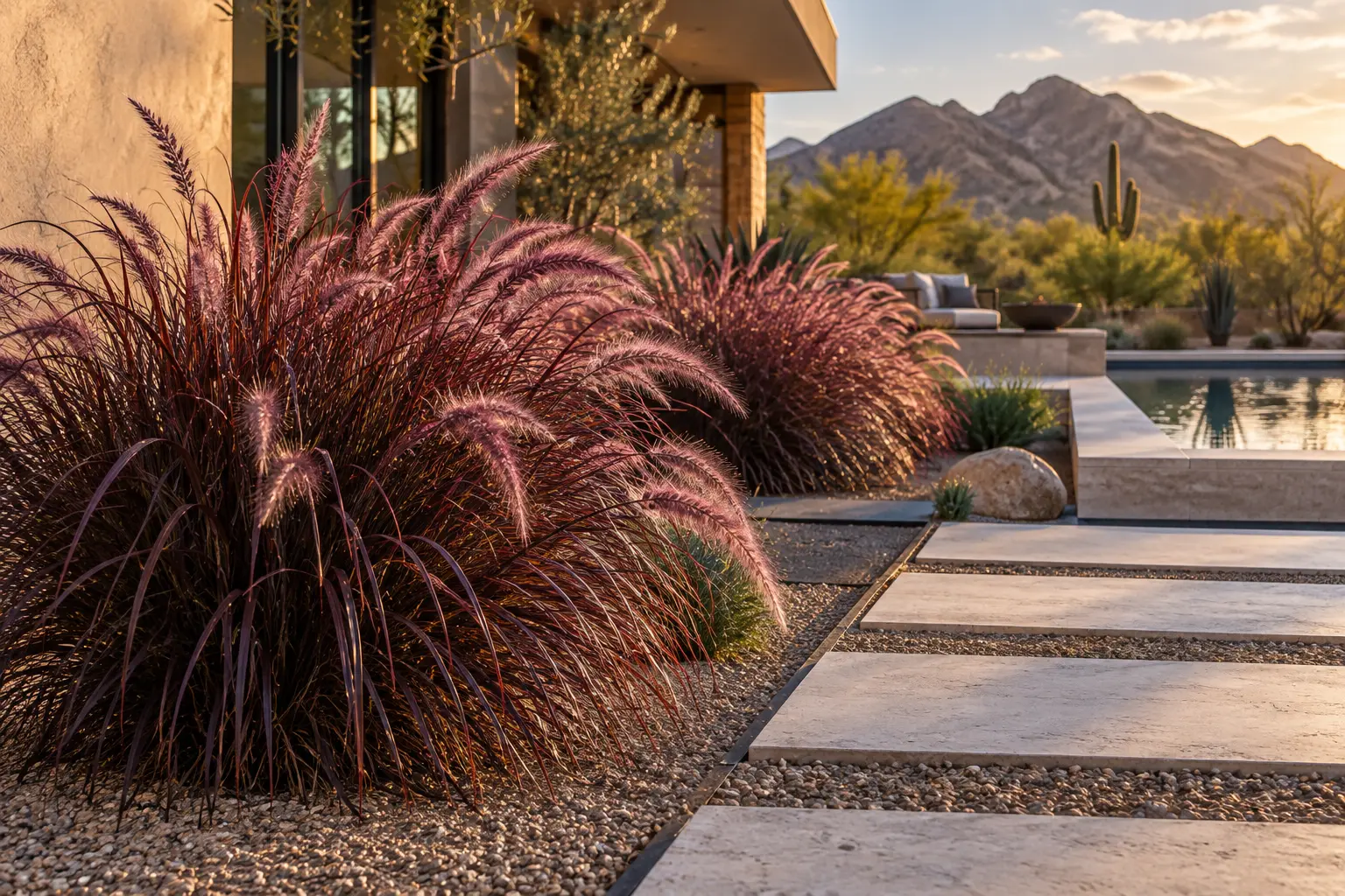 AE Outdoor Living AI-assisted landscape visualization of Purple Fountain Grass in a Phoenix modern yard near a pool; design context, not documentary botanical evidence or a completed client project.