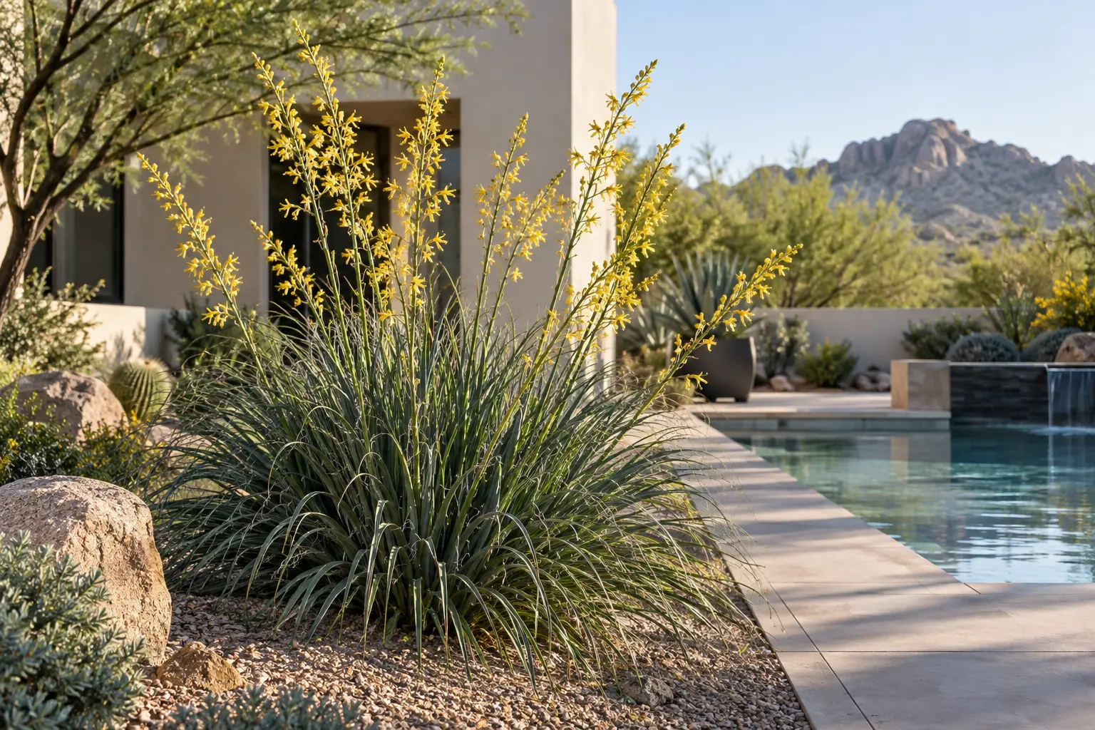 AE Outdoor Living AI-assisted landscape visualization of yellow-flowering Hesperaloe in a Phoenix garden concept; not documentary botanical evidence or a completed client project.